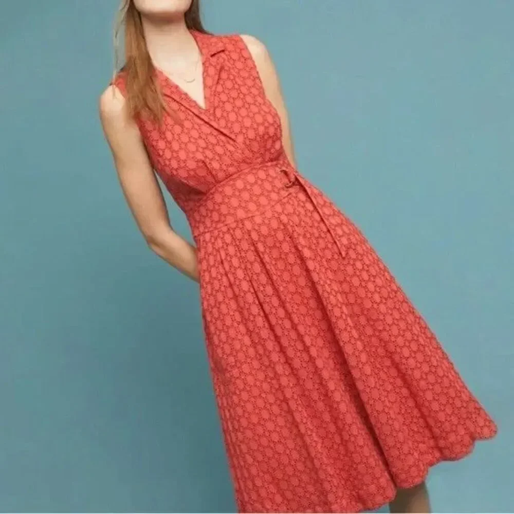 Anthropologie Elm Collared Eyelet Dress Sleeveless Coral Orange - Picture 1 of 16